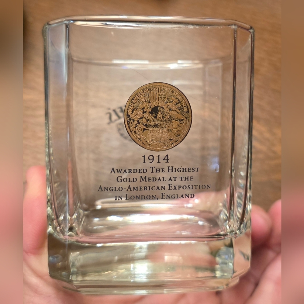 Jack‎ Daniels Whiskey Square Tumbler / Glass 1914 Gold Metal Award 3.5" x 3"